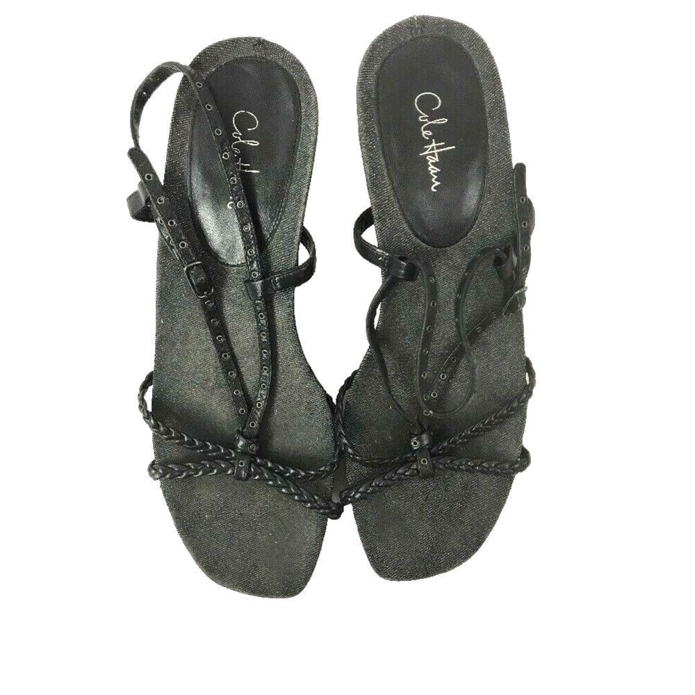 Cole Haan Sandals Size 8.5B Heels Open Toe Black/Gray Leather Buckle Strap